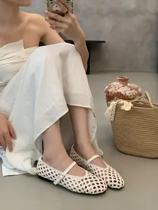 Women's Braided Hollow Out Mary Jane Flat Shoes, Breathable Round Toe Ballet Flats, Summer Casual Soft Sole Anti-Slip Comfortable Daily Wear