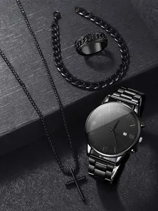4 counts Men'S Business Stainless Steel Round Case Watch, Quartz Movement, Black Dial with Roman Numerals, Pendant Necklace, Bracelet & Ring Gift Set, Men Jewelry - Accessory Gift for Him, Business Gift