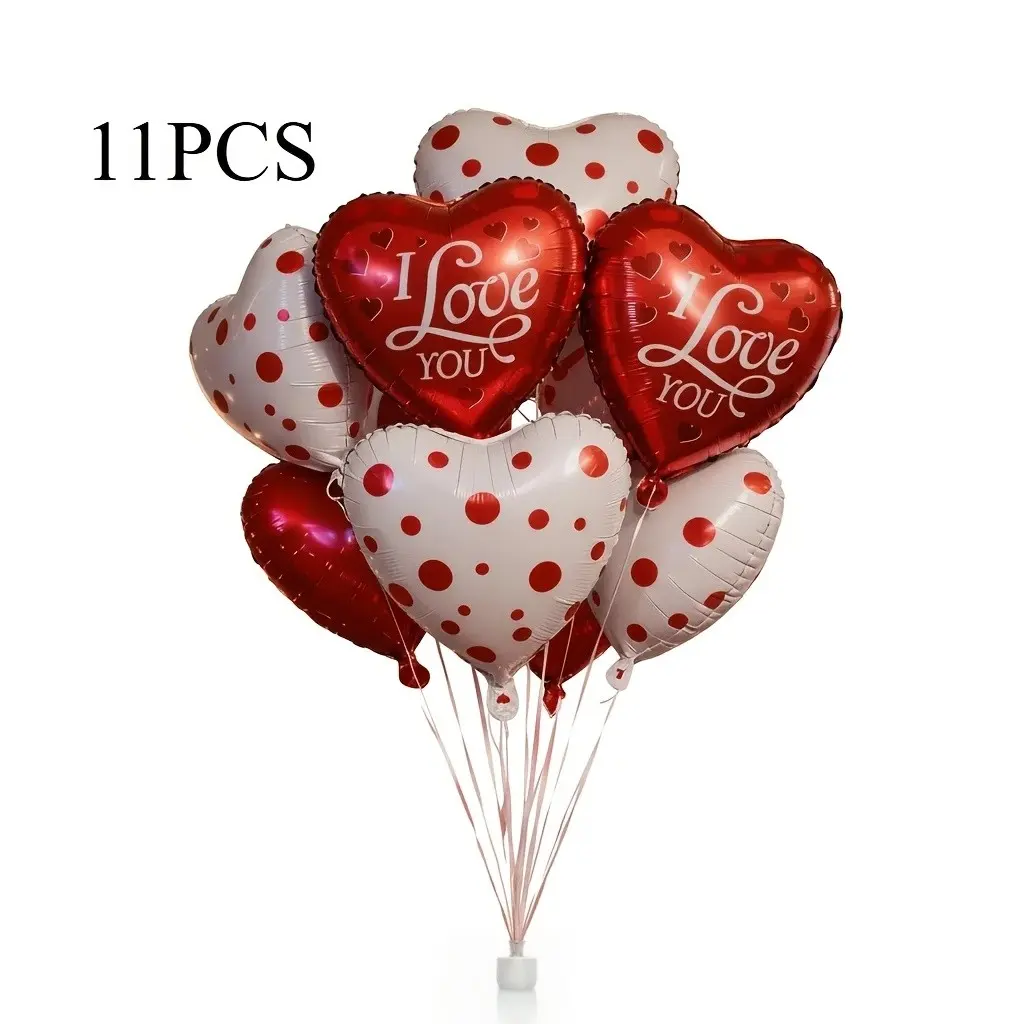 11-Pack I Love You Polka Dot Mylar Heart Shaped Balloons Set with Ribbons, Durable Party Decor Balloon Decorations Kit for Valentine's Day, Wedding, Birthday & Holidays, Balloon Party Supplies
