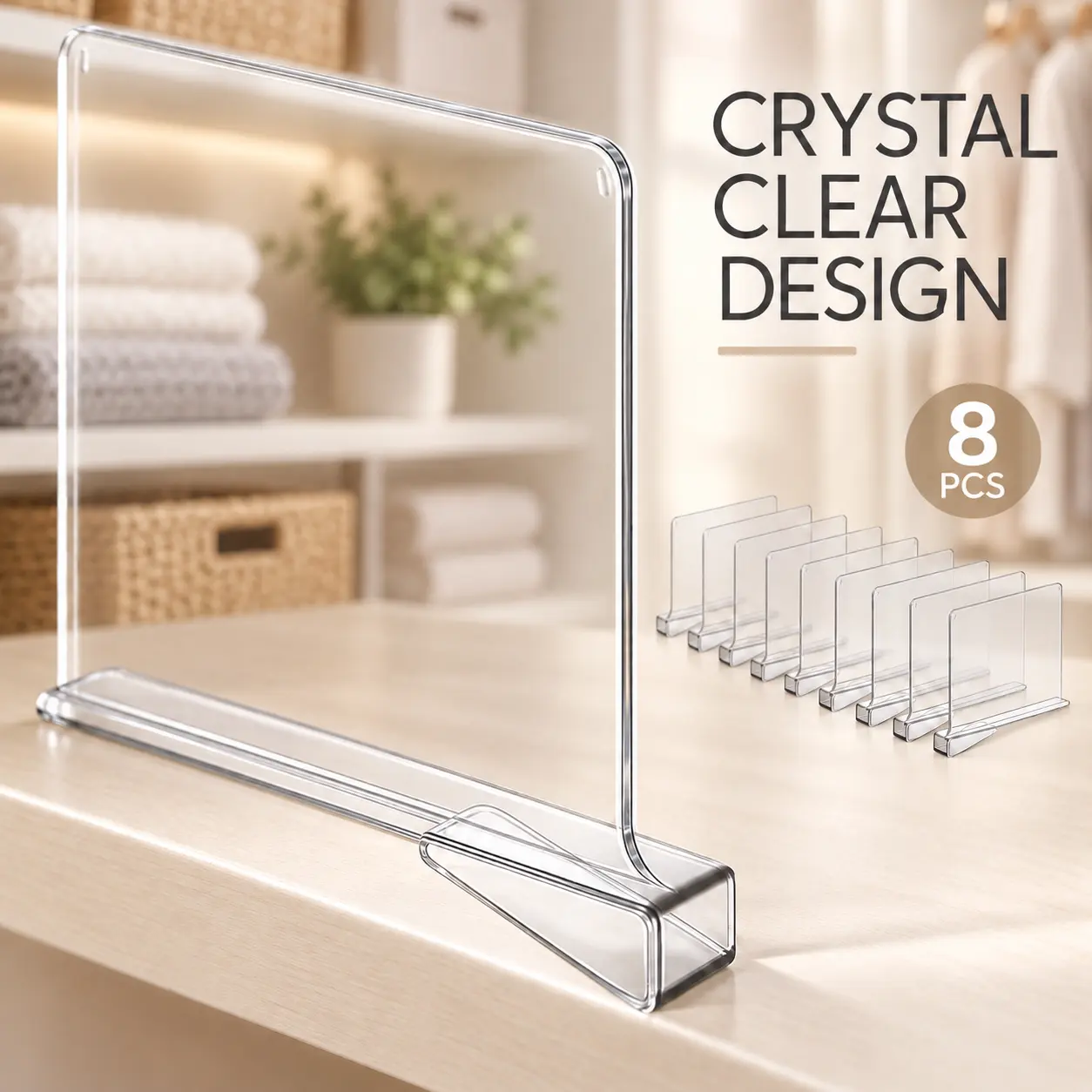 8 Pack Invisible Acrylic Shelf Separators, Non-Drilling Closet Storage Organizer Dividers for Wardrobe, Linen Closet & Pantry