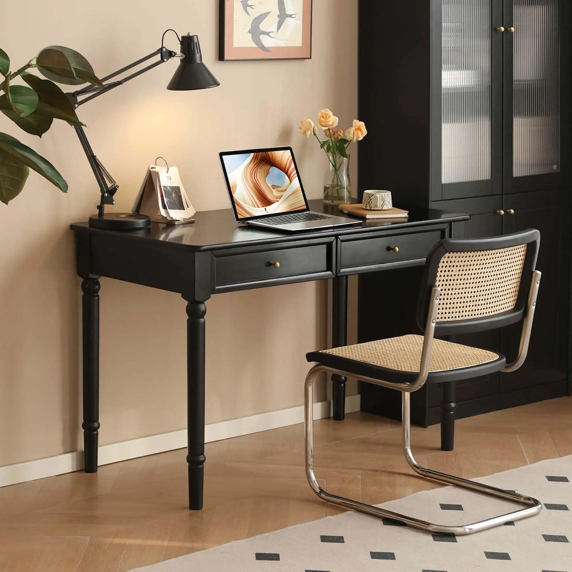 YESWOOD Solid Wood Desk with Double Drawers, Rubber Vintage Desk, Black Computer Desk with Carved Legs for Home Office Writing 47.2"