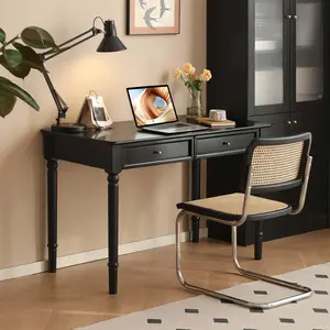 YESWOOD Solid Wood Desk with Double Drawers, Rubber Vintage Desk, Black Computer Desk with Carved Legs for Home Office Writing 47.2"