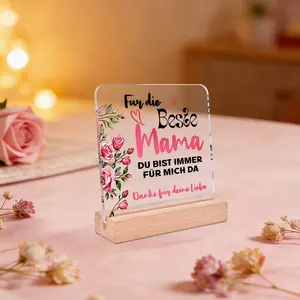 1pc German Best Mom Acrylic Ornament Sign With Wooden Base, Floral Pattern & Gratitude Love Quotes Design, Ideal Gift For Mother On Mother'S Day/Birthday, Home, Desktop, Room, Festival, Party Decoration