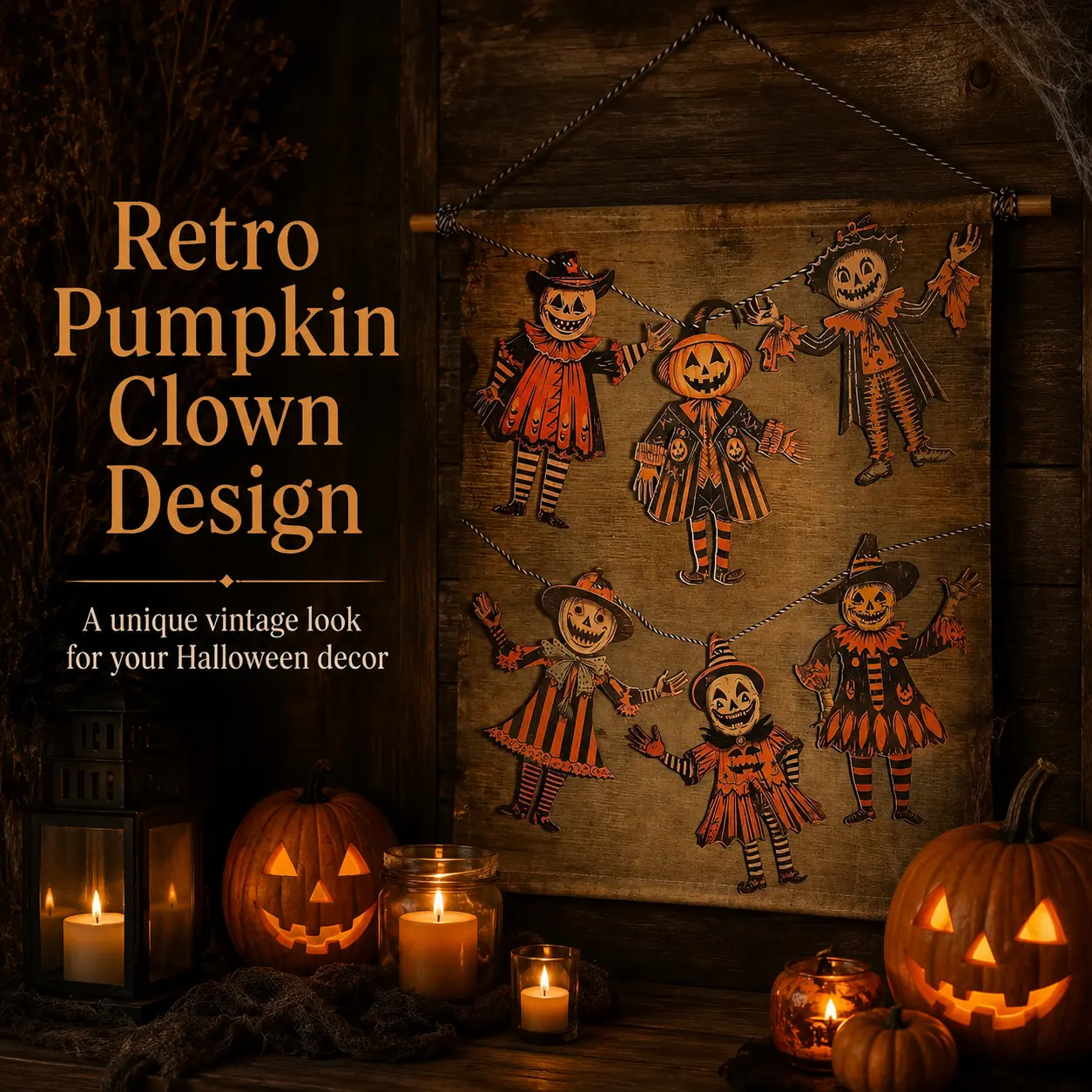 6PCS 5.9IN Halloween Vintage Wooden Garland Set, Spooky Pumpkin Hanging Decorations, Rustic Halloween Banner for Wall, Mantel, Fireplace, Party & Photo Backdrop