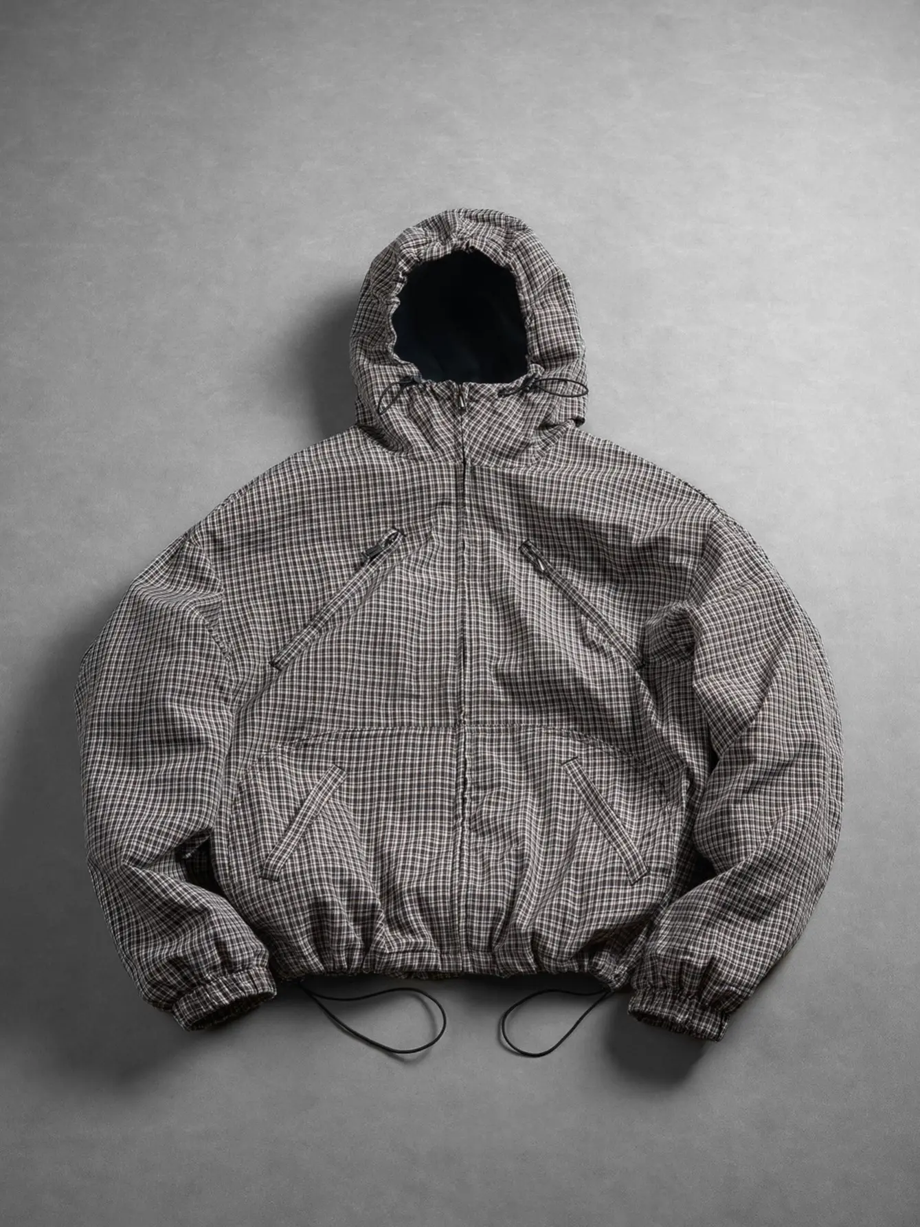 Men’s Plaid Hooded Cropped Jacket, Full‑Zip Checkered Outerwear With Adjustable Drawstring Hood & Hem, Multi Zipper Pockets, Elastic Cuffs Loose Casual Street Coat