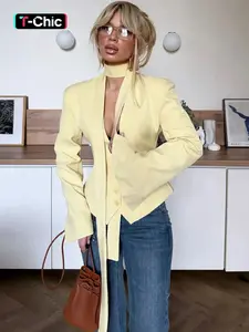 Women's Solid V Neck Button Front Split Long Sleeve Blazer Suit Top & Halter Scarf Ribbon Two-piece Set, Slim Fit, Fitted, Irregular Hem Single-button Jacket Coat, Ladies Spring Fall Winter Party Club Date Holiday Daily Casual Outerwear