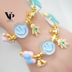 Valmaur Products Smiley Face Charm Bracelet with Gold Beads and Blue Accents for Women's Fashion Jewelry