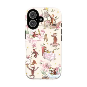 Curious George Tiger Lily Phone Case – Coquette Floral Phone Cover for iPhone 17 16 15 14 13 12 11 Pro Max X XR XS & Galaxy S25 S24 S23 S22 S21 | Cute Pink Lily Flower & Cartoon Monkey, Soft Girl Aesthetic, Elegant Feminine Gift for Her