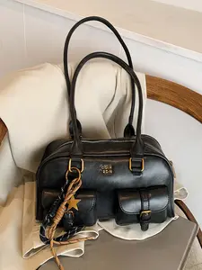 Simple  stylish retro one-shoulder handbag, small personalized bowling bag design daily commuter one-shoulder bag, versatile double-mouth bag one-shoulder underarm bag, suitable for shopping and dating, Elegant commuter bag