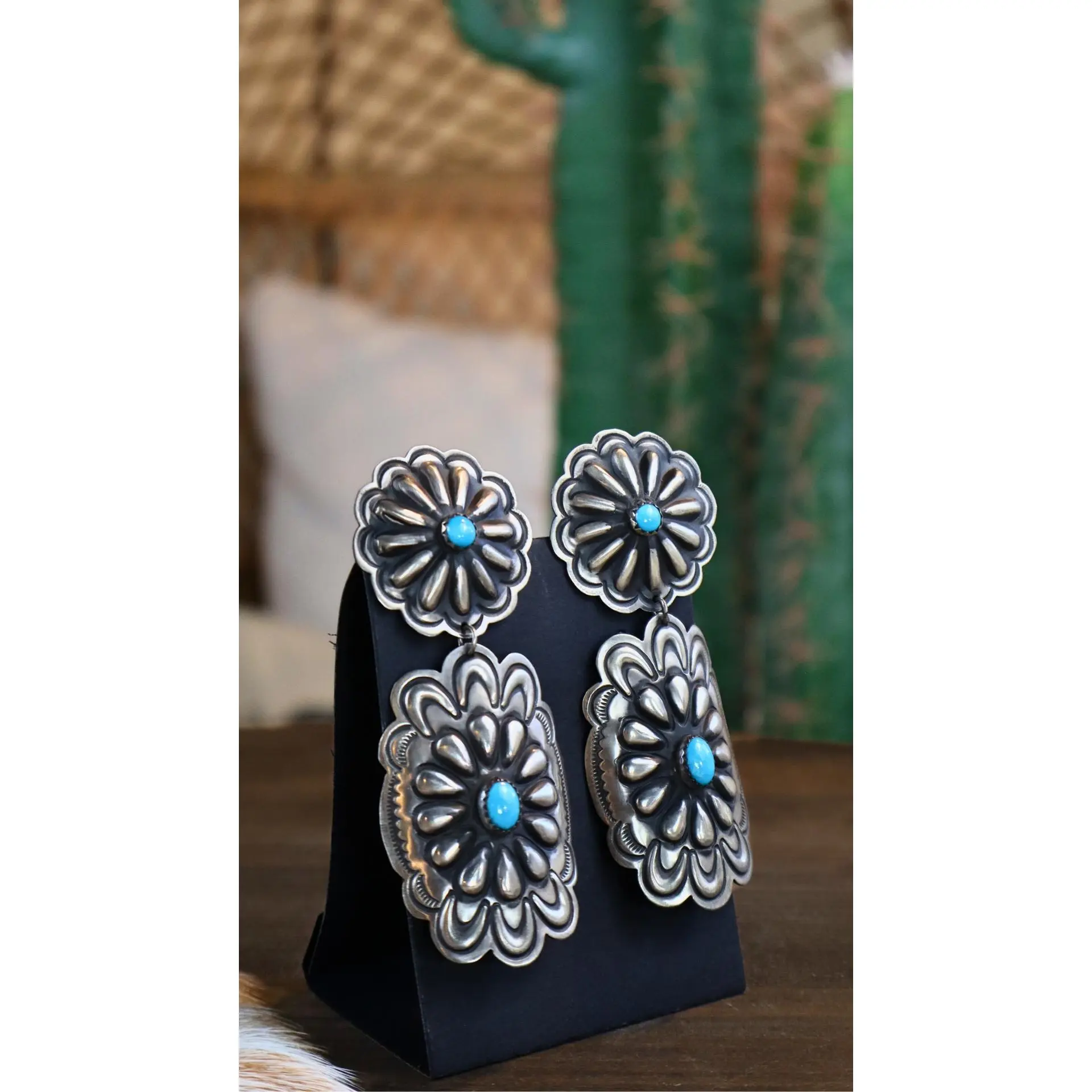 Sky Stone Concho Statement Stud Earrings - 3.75 in Concho-Shape Costume Jewelry Fashion Accessories, Studs Earrings, Statement Earrings