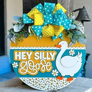 Hey Silly Goose 3D Door Hanger - 11.8-Inch Solid Wood Goose Design with 3D Goose And Lettering, Vibrant Blue And Yellow Bows And Green Leaf Accents. Farmhouse Decor, Festive Ornament, Fun Decoration, Decorative Sign
