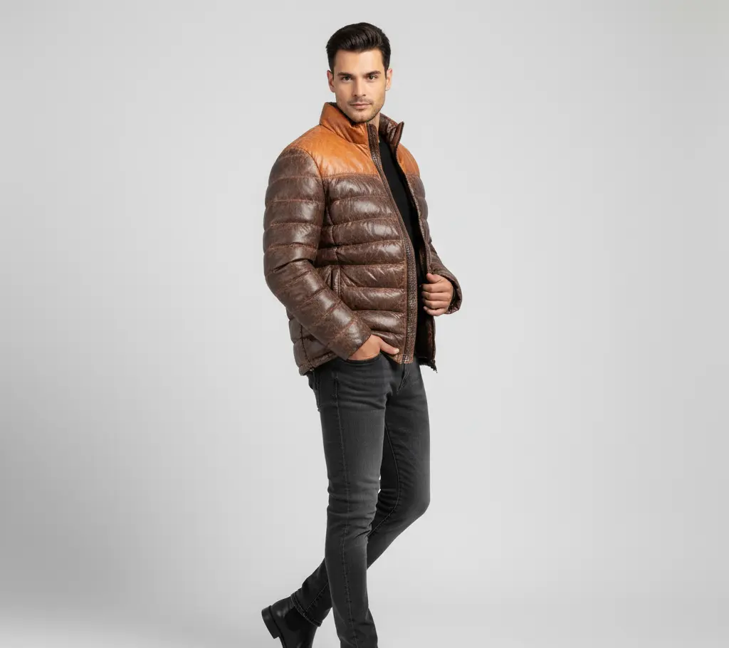Zulin Men's Two Tone Puffer Down Leather Winter Jacket - High Quality Leather, Multiple Pockets, Ideal for Casual and Outdoor Wear - Fabric