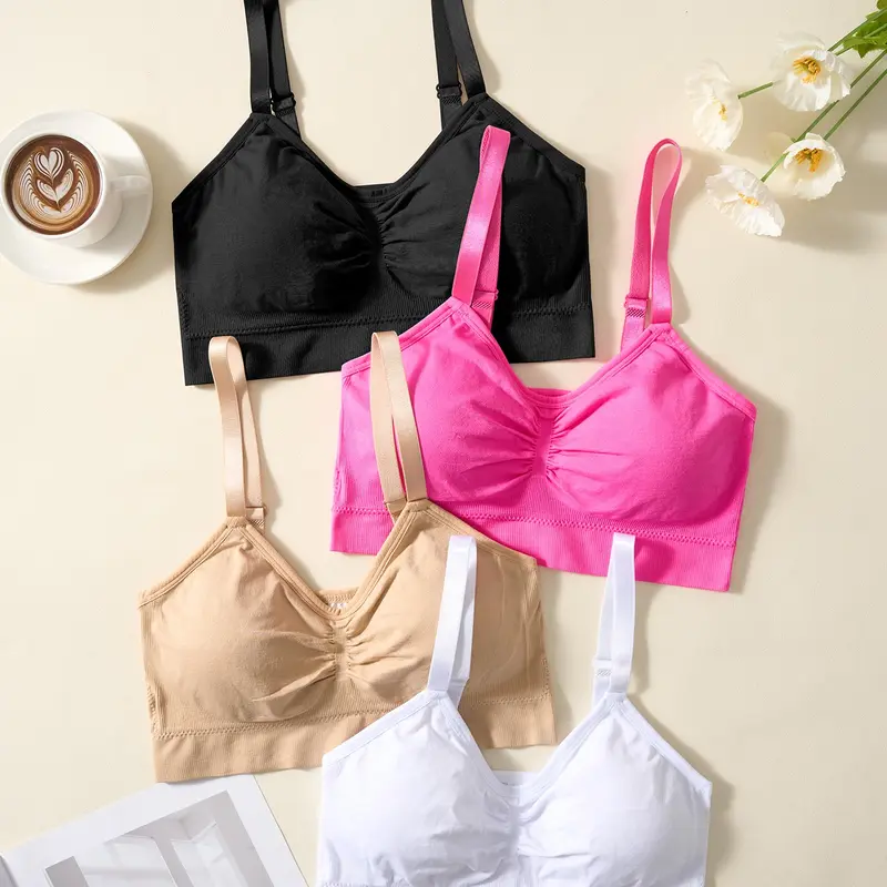Women's Wireless Bra, Comfortable Soft Backless Sports Bra, Padded Sports Bras, Moveable Pads, Casual Daily Wear, 1/2/4 Pack, Plain Style, Wirefree Sports Bra
