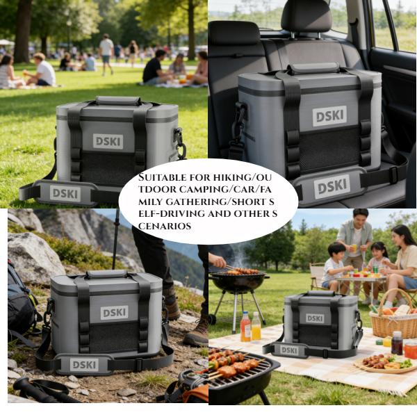 New outdoor cooler bag, lunch bag - grey/green, with insulation and refrigeration protection,large capacity of 30 cans/15 bottles, thick handle and adjustable shoulder strap,for party, camping, fishing, long-distance truck driver commuting, takeout etc.