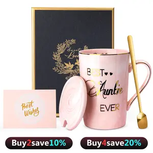 Doublewhale The Ultimate Christmas Holiday Gift Set - 14Oz Reusable Ceramic Mug for Coffee with Lid & Spoon. Washable Drinkware, Perfect Tumbler for Auntie. Cozy & Thankful Boxed Present.
