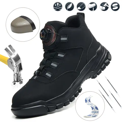 Shenganton Men’s Closed Steel-Toe Safety Shoes - Durable Faux Leather Workboots, Fast On/Off Button-Free Laces, Lightweight Flexible EVA Soles, Colorblock Round Toe All Seasons Durable Construction Footwear for Holiday Use