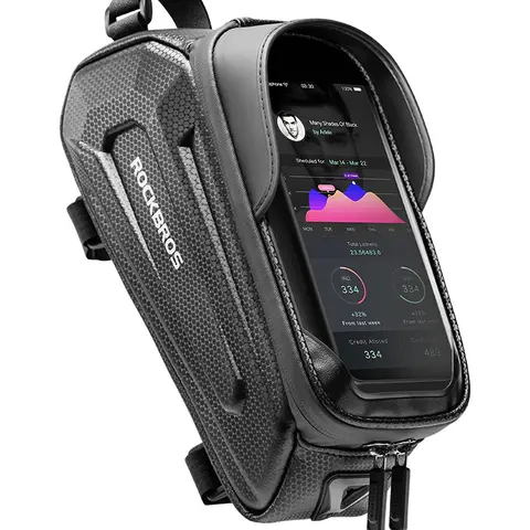 Bike Phone Holder Frame Bag - Water-Proof Safe Carbon-Textured EVA Shell, Sensitive Touchscreen Stay, Sun Visor, 3-Strap Secure Fit, Fits Max 6.8" Phones, Adult All-Season Cycling Gear, Ebike Accessories