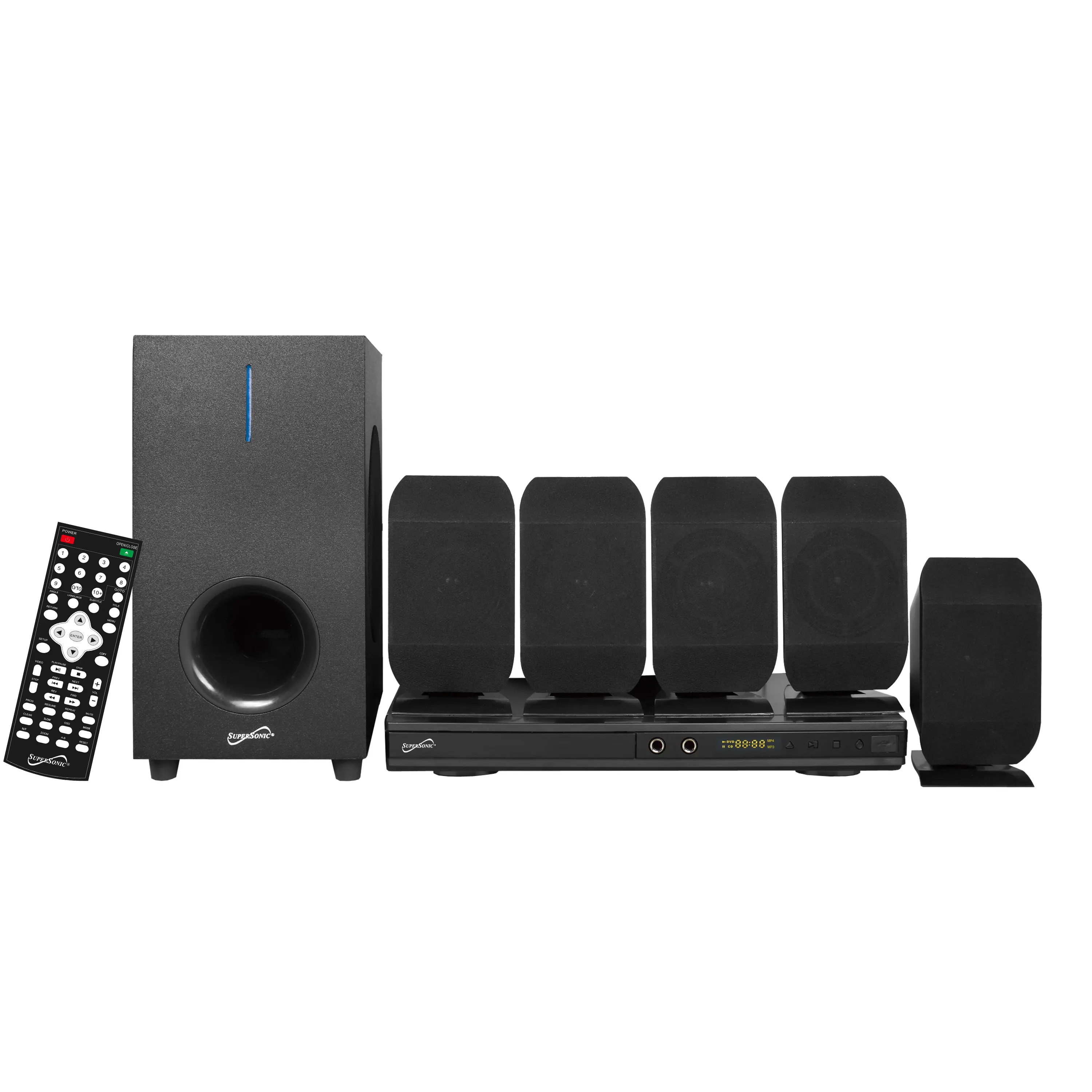 Supersonic SC-38HT 5.1 Surround Channel Digital Audio LCD DVD Home Theater System - DVD/CD Support, Karaoke Mic Jacks, USB Input, FM Radio, 75W Speaker Output, Multi-Language Support, Remote Control