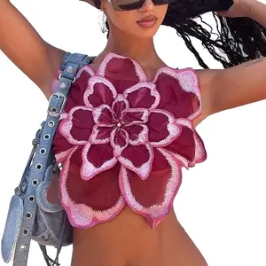 Women Short Vest Tops, Sleeveless Backless Lace Flower Casual Party Street Vest, Wine Red