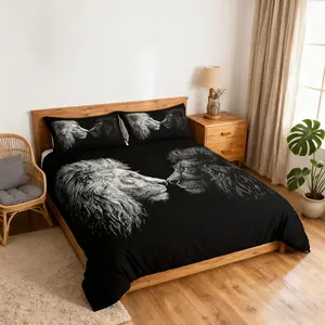Couples Lion Bedding Set,Wild Animal Print Duvet Cover for Bedroom Decorations,Black White Lion Pattern Comforter Cover,Soft Comfortable