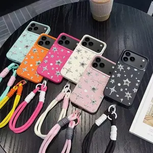 Sparkling Silver Stars Faux Leather Protective Phone Case with Matching Color Strap, Designed with All-Around Protection and Drop Resistance, Compatible with iPhone 11 to 17 Pro Max.