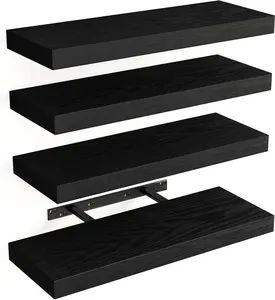 Floating Shelves for Wall, Wall Mounted Rustic Wood Shelves for Bathroom, Living Room, Bedroom and Kitchen, Wall Shelves for Storage,Books,Room Decor (Black, Set of 4, 15.8 Inch)