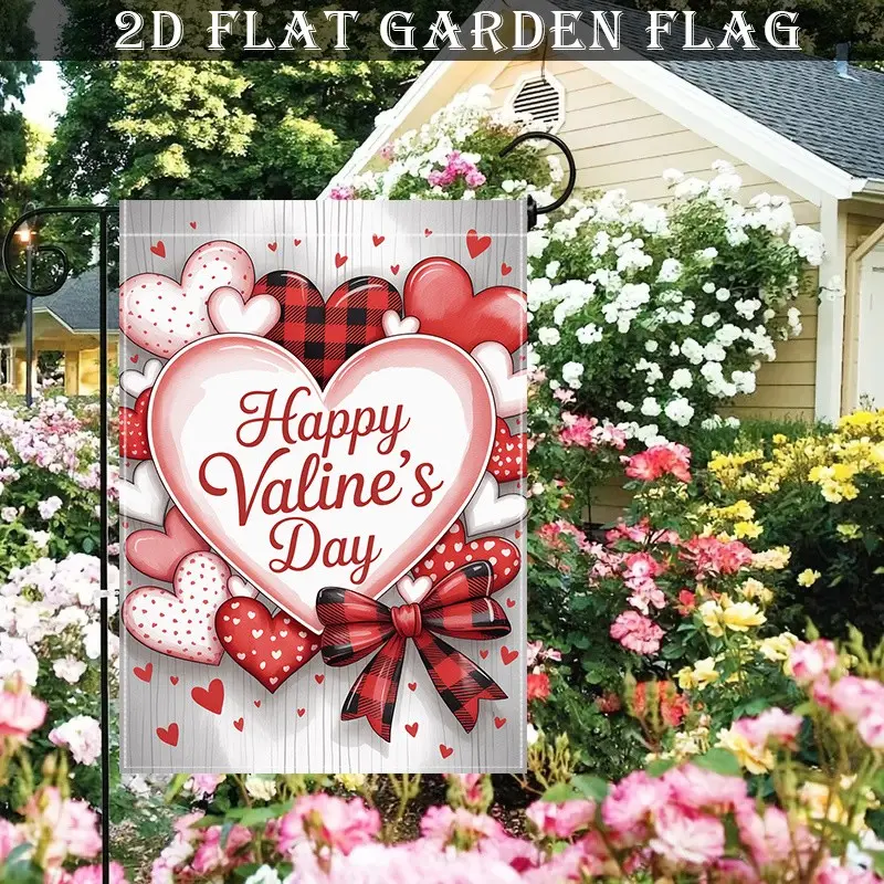 Valentine's Garden Flag, Single-Sided Polyester Design with Heart Cutouts, and Checkered Pattern for Lawn and Porch Decor