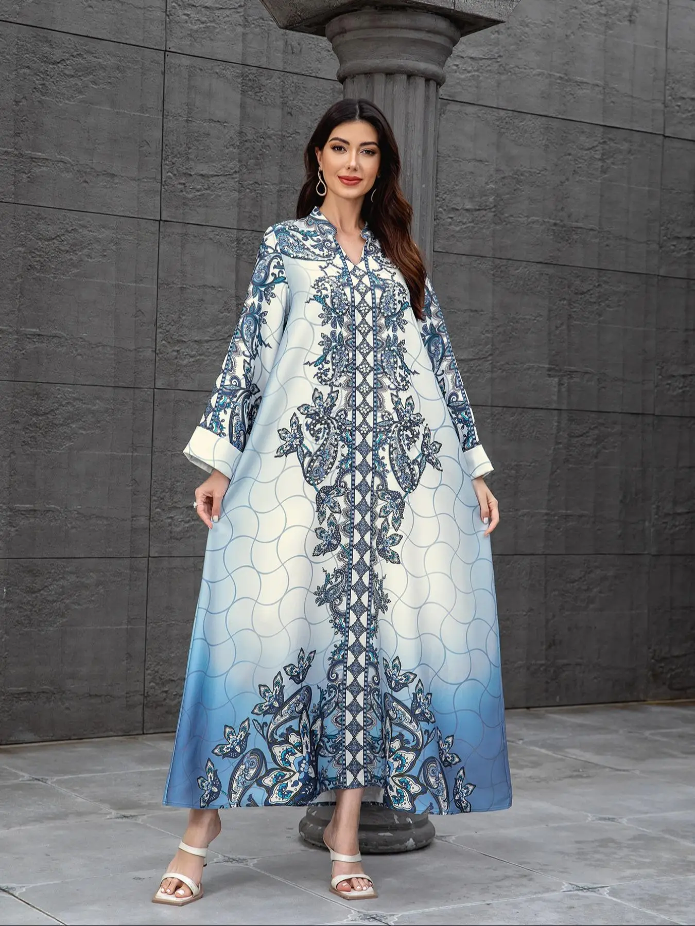 Women's All Over Print Faux Pearl Decor Dress, Elegant Long Sleeve Long Dress for Party Holiday Wedding Guest, Ladies Clothes for All Seasons