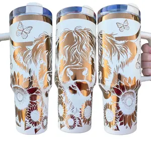 Highland Cow and Sunflowers Tumbler  - engraved Country Tumbler - 40oz tumbler with handle - Cow Print Tumbler - Copper Cream Longhorn Cow