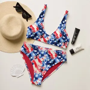 American Flag Bikini Set Women High Waist 2 Piece Stars Stripes Watercolor Swimsuit 4th of July Patriotic Beach Summer Vacation Sunbathing Loose Comfy Swimwear USA