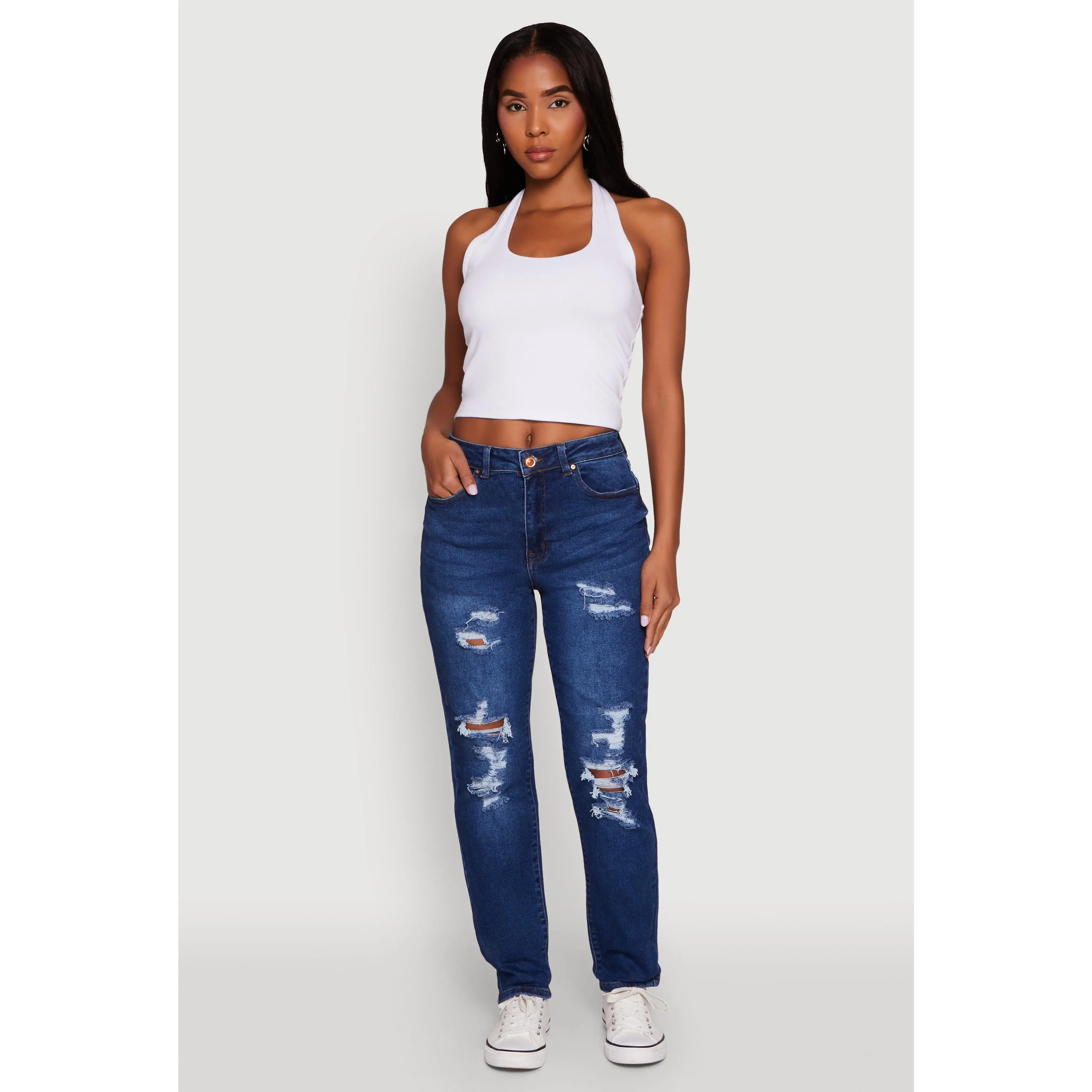 WAX Mid Rise Boyfriend Cut Distressed Jeans