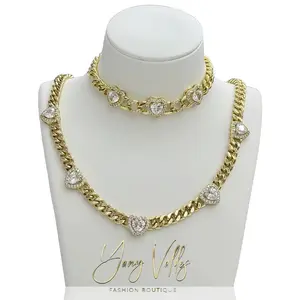Women’s Cuban Link Heart Necklace & Bracelet Set – Gold Tone, 20” Necklace + Adjustable Bracelet