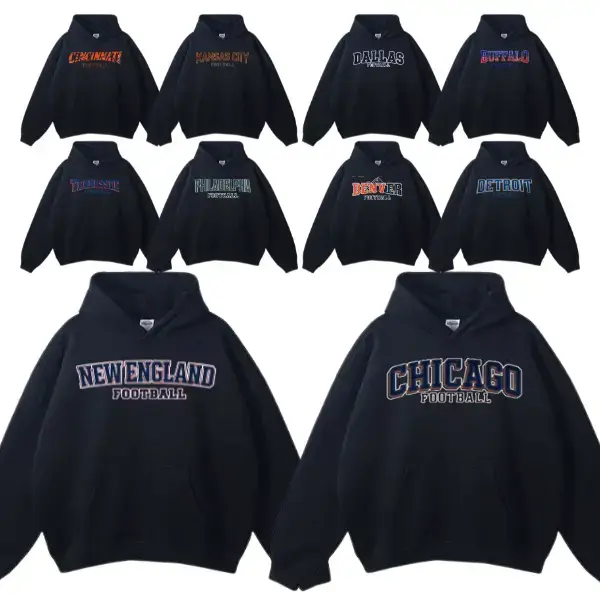 Black Vintage 90s Football Team Graphic Hoodie, Hometown Pride Spirit Wear, Classic Sunday Kickoff Ready, All Team Football Hoodie For Football Lovers, Los Angeles, Kansas City, Buffalo, New York Football Fan Gear