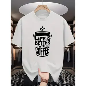 Casual Coffee-Themed Printed Tee for Men, Stylish Quote "Life Is Better with Coffee" and Black Coffee Cup Motif, Soft Round Neck Short Sleeve Wear, Versatile Daily Outfit for Coffee Fans, Easy Care Machine Washable Fashion Gift Apparel