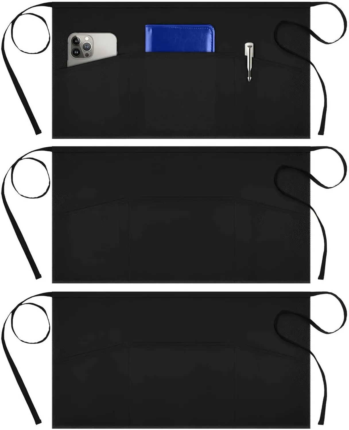 3Pcs Black Server Aprons with 3 Pockets, 11.5-inch Waterdrop Resistant Waitress Waiter Waist Apron for Painting, Repairs and More