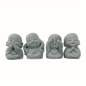 4pcs Cartoon Buddha Statues Faux Stone Carvings, Fish Tank Tea Table Bonsai Decor, New Year Birthday Gift, Zen Home Office Desk Ornaments