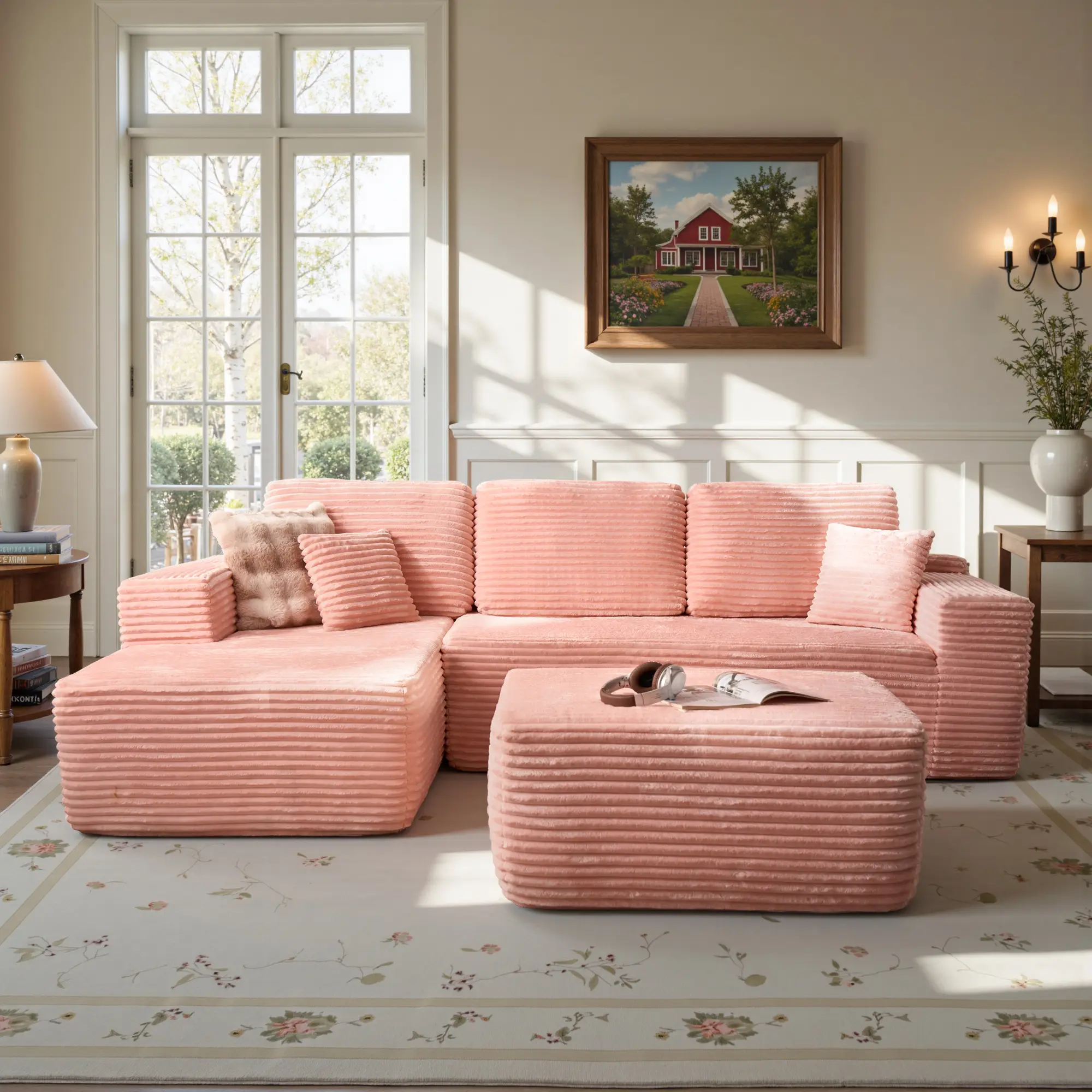 Pink Plush Corduroy Left Chaise