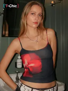 Women's Floral Print Backless Cami Top, Casual Fit 2000s Y2K Adjustable Spaghetti Strap Short Crop Top, Ladies Back To School Summer Clothes for Party Club, Machine Washable Womenswear