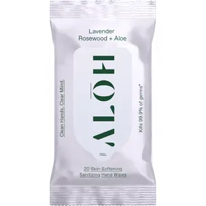 ALOH Lavender Rosewood and Aloe Moisturizing Hand Sanitizer Wipes, Travel Friendly, Biodegradable, Cruelty Free, for Kids and Adults