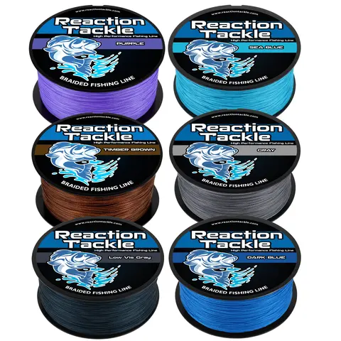 Braided Fishing Line 6-100lb - Reaction Tackle X4 Strand Low-Vis UHMWPE Braid, Zero Stretch, Abrasion Resistant, 300-3000yd Bulk Spools - Dark Blue, Gray, Low-Vis Gray, Purple, Sea Blue, Timber Brown for Bass, Trout