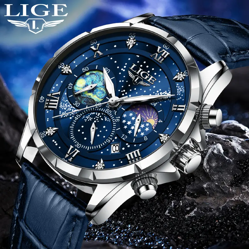 LIGE Men's Starry Sky Luxury Watch, Steel Shell, Luminous Display, Waterproof, 3-Eye Timing, Calendar Function, Leather Strap, Modern Fashionable Wristwatch for Men, Watches