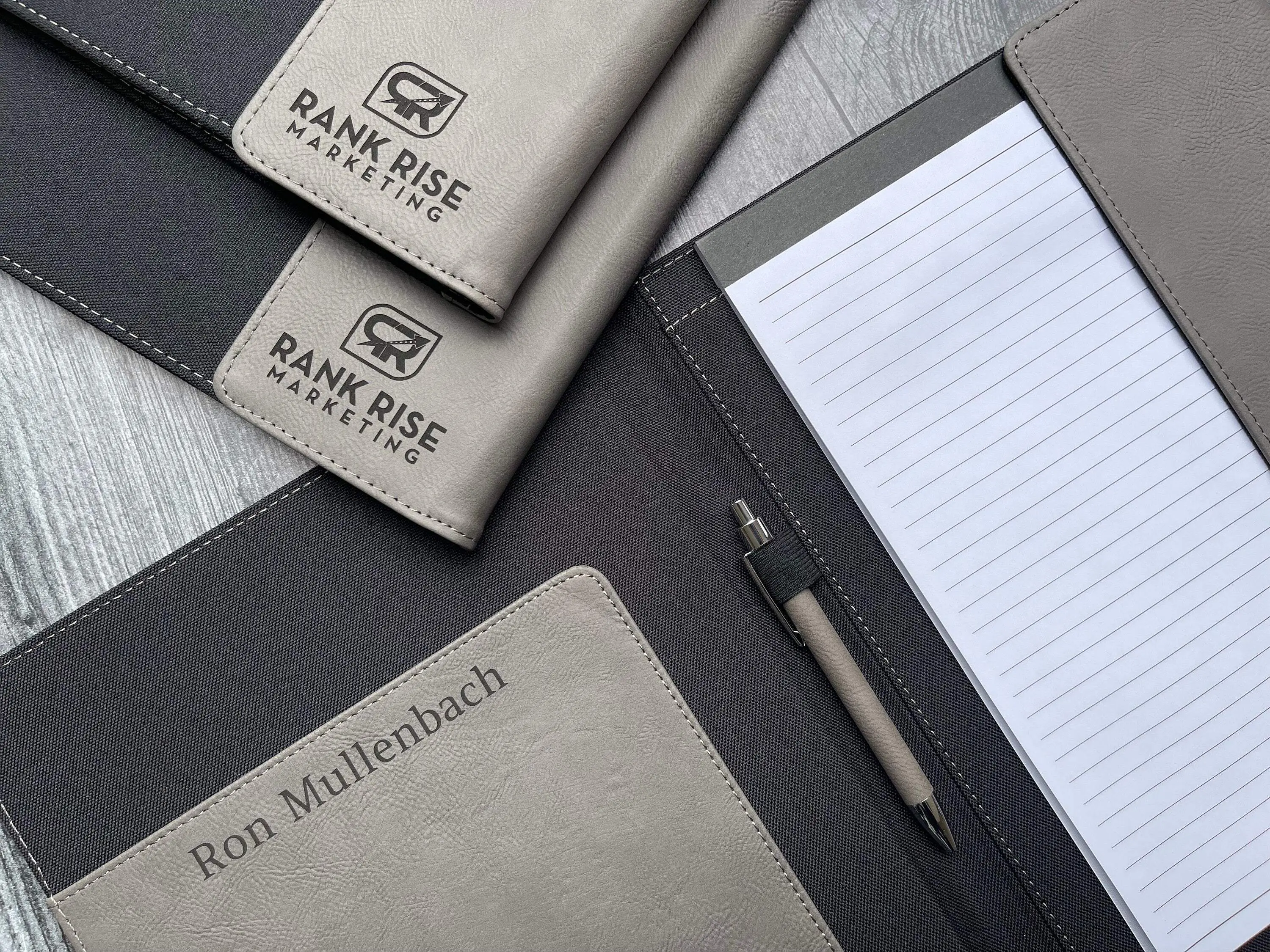 Personalized Engraved Name Leather Portfolio with Flap, 12x9 Inch Padfolio - 5.5x8 Inch Refillable Lined Paper Notepad, Card Pockets, Drawings - Classic Office Stationery for Business Trips