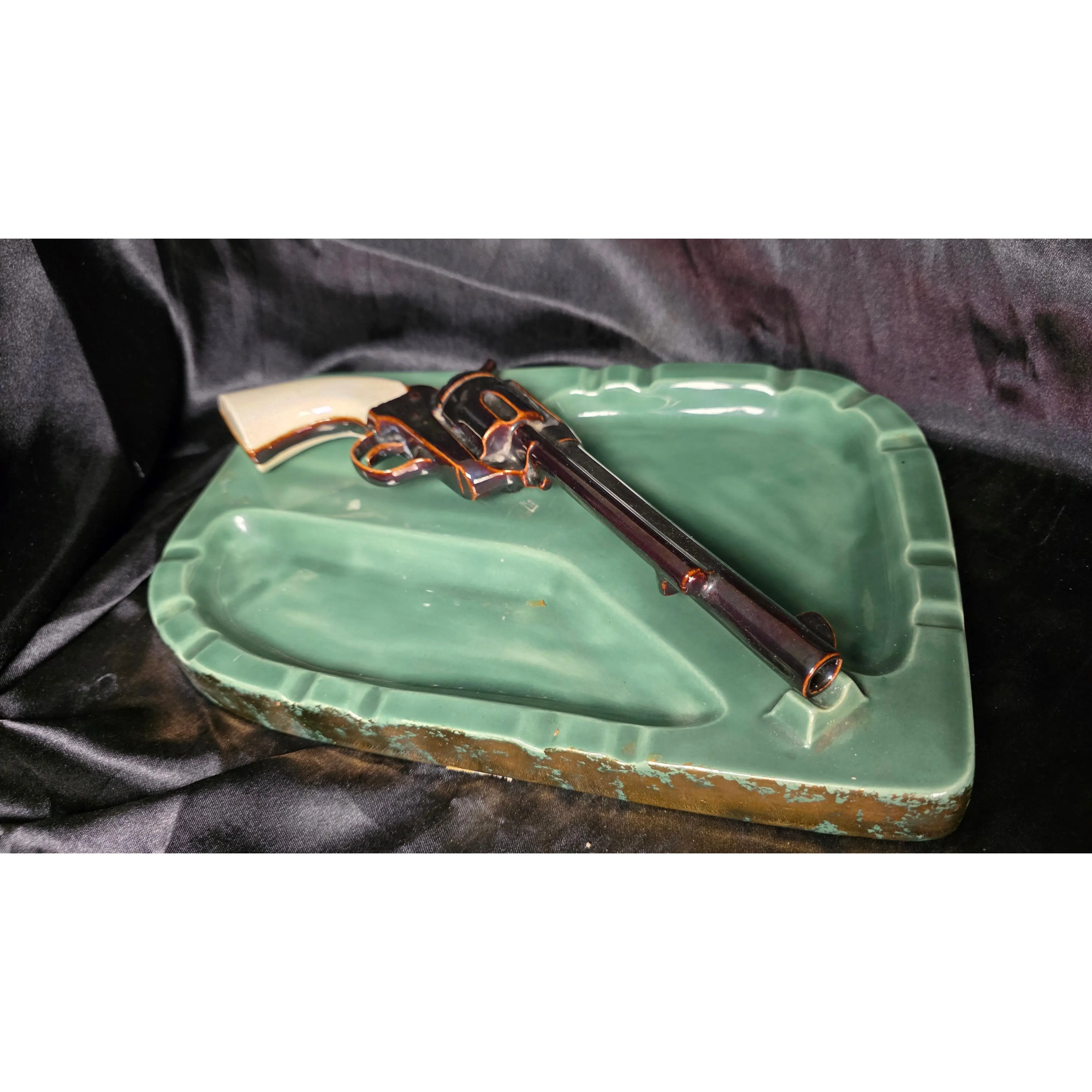 Vintage Ceramic Revolver Ashtray by Vivian '59 Mid Century Western Smoking Tray
