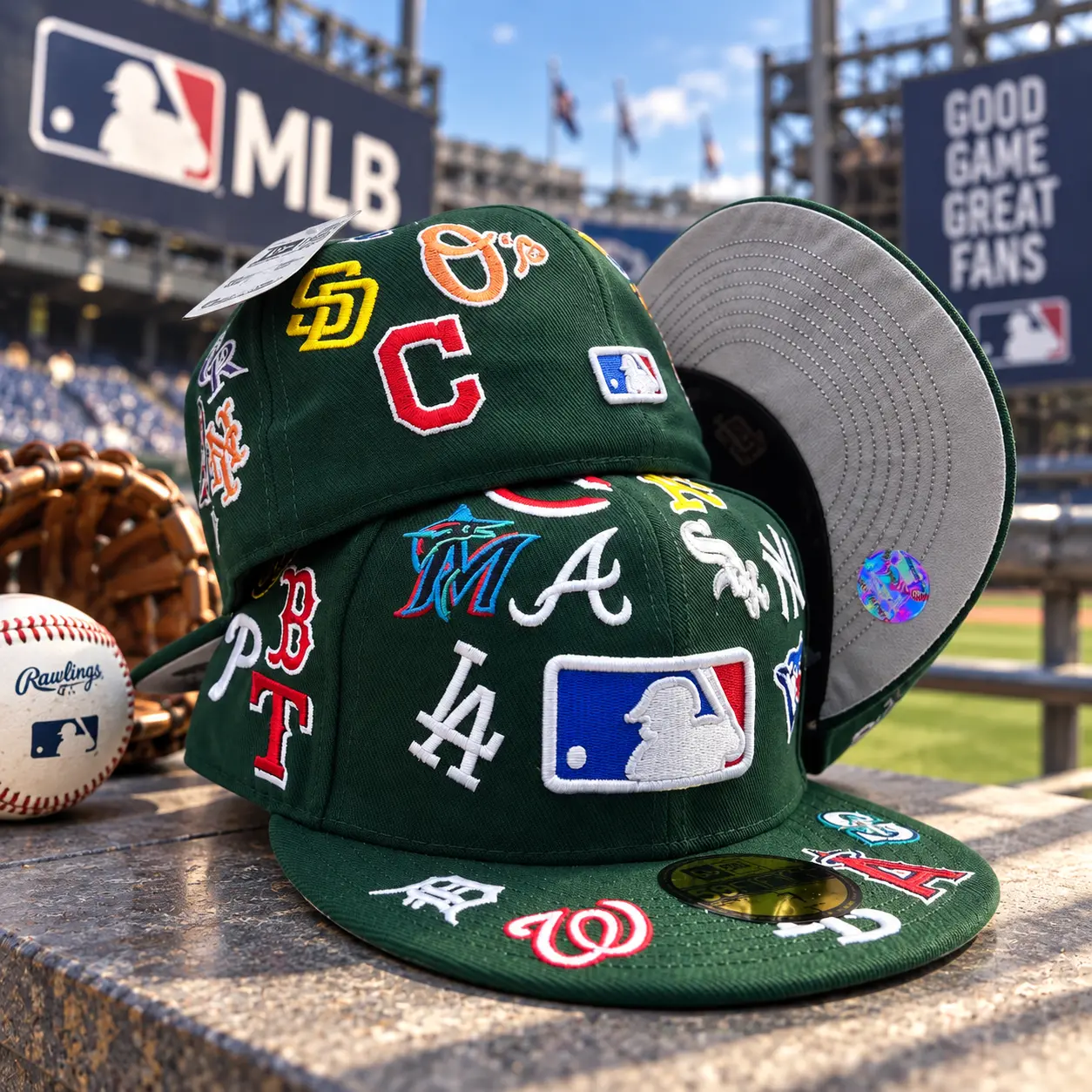 MLB All-Team Logo Scramble Green Fitted Baseball Hat – Embroidered Flat Brim Cap