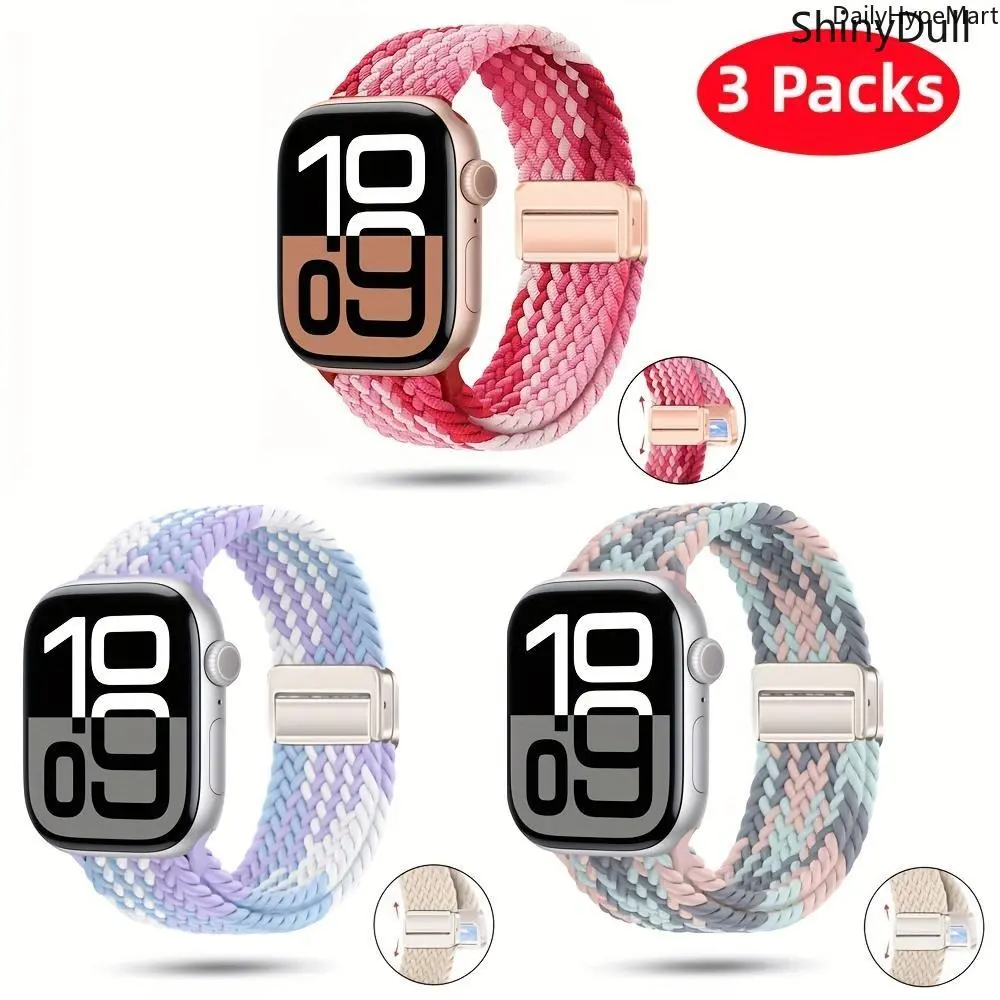 3-Pack Stylish Magnetic Buckle Braided Nylon Watch Bands for Apple Watch, Elastic Solo Loop Tech Accessories, 38-49mm Fit for Series 1-10 SE Ultra/Ultra 2 Fashion Accessories