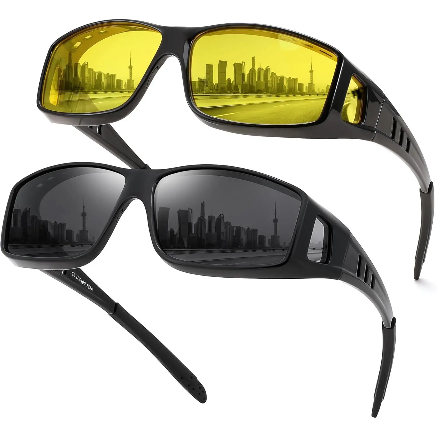FEISEDY Night Driving Sunglasses Polarized Fit Over Sunglasses for Men, Yellow Lenses, Anti Glare Glasses  Combo pack B0225