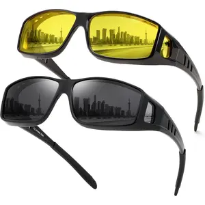 FEISEDY Night Driving Sunglasses Polarized Fit Over Sunglasses for Men, Yellow Lenses, Anti Glare Glasses  Combo pack B0225
