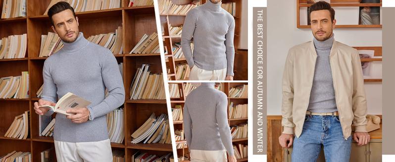 Coofandy Fall Outfits Men's Knitted Ribbed Turtleneck High Neck Slim Fit Basic Sweater Casual Fabric Knitwear for Spring Fall Winter Layering