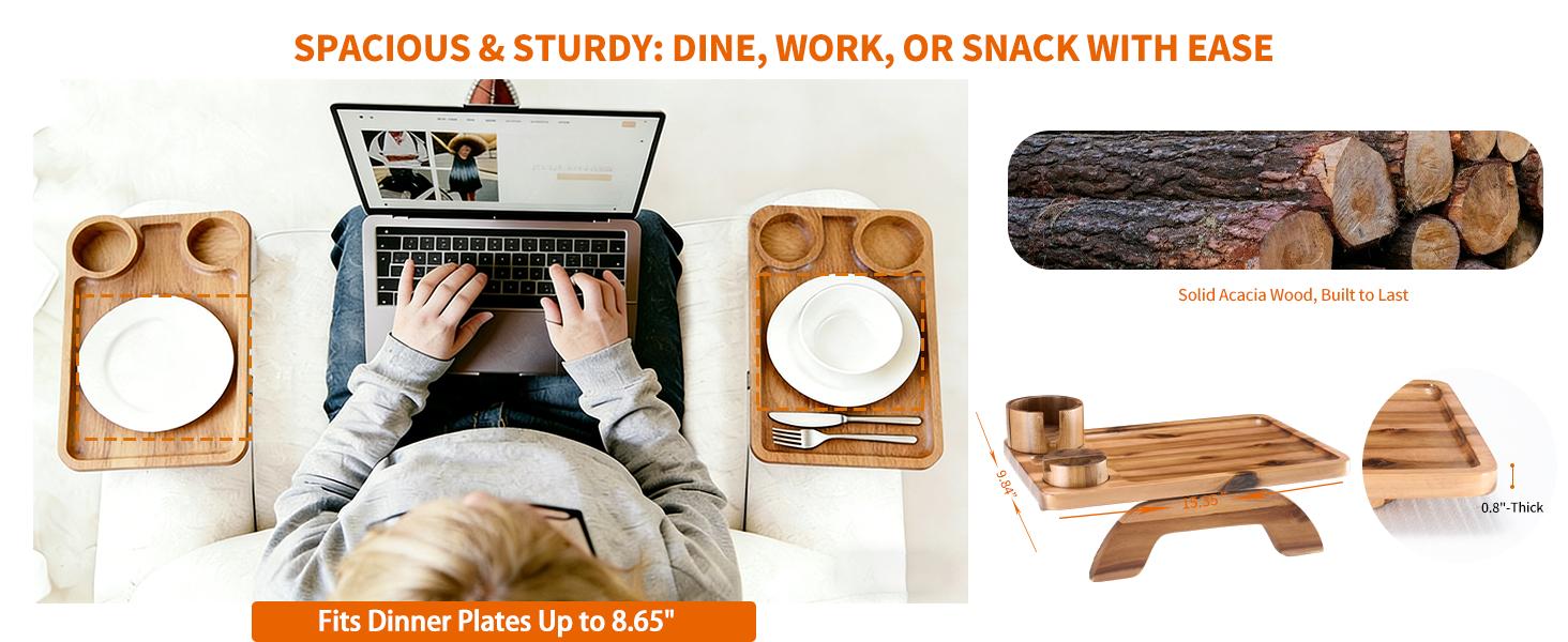 Acacia Wood Sofa Armrest Tray, Clip-On Space-Saving Design with Cup Holder, 360° Rotating Phone Holder, Anti-Slip Pads, Easy Installation for Daily Use