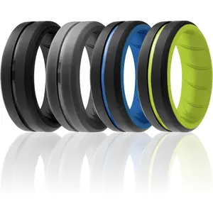 Silicone Rubber Wedding Ring for Men, Men's Wedding Band, Breathable Rubber Engagement Band, 2 Thin & Middle Lines, Beveled Edge & Engraved Duo, Multi Colors